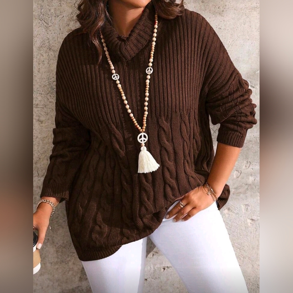 New Mixed Ribbed Cable Knit Turtleneck Sweater Top Brown
